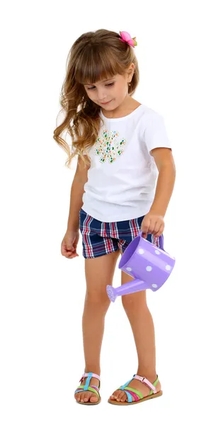 Niña con regadera aislada en blanco — Foto de Stock