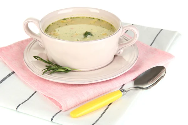 Nourishing soup with vegetables in pan isolated on white — Stock Photo, Image