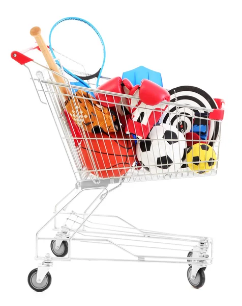 Shopping cart with sport equipment, isolated on white — Stock Photo, Image