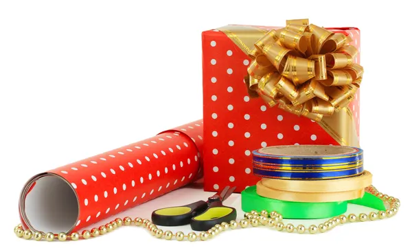 Materials and accessories for wrapping gifts isolated on white — Stock Photo, Image