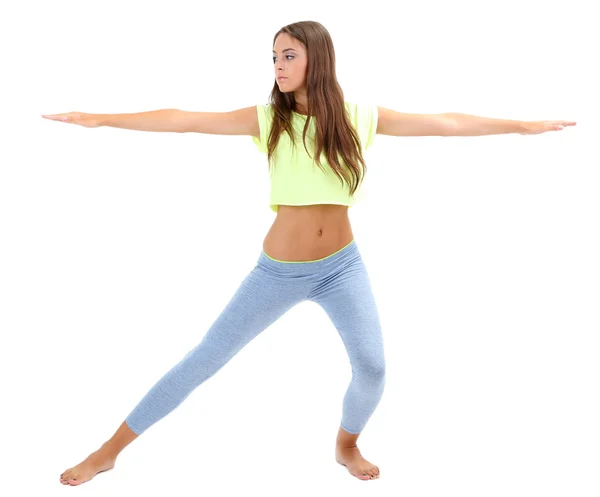 Genç güzel fitness kız beyaz izole yoga egzersiz yaparak — Stok fotoğraf