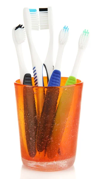 Tooth-brushes in glass isolated on white — Stock Photo, Image