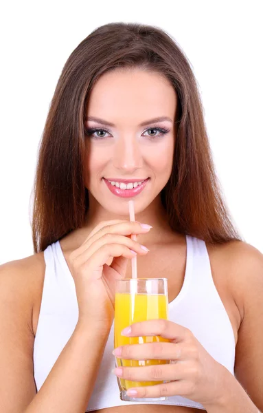 Beautiful girl with fresh juice isolated on white — Stock Photo, Image