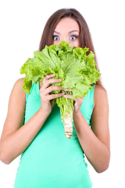 Bella ragazza con insalata fresca isolata su bianco — Foto Stock