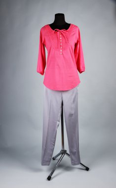 güzel bluz ve gri arka plan üzerinde manken üzerinde gri pantolon