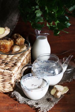 çaydanlık ve çay süt ve baharatlar üstünde çul parlak zemin üzerine ahşap tablo