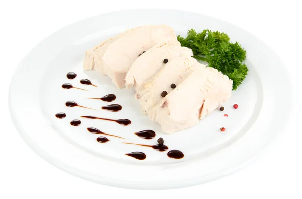 Boiled chicken meat with balsamic sauce, isolated on white — Stock Photo, Image