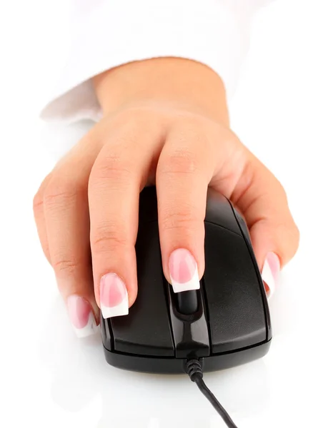 Manos de la mujer empujando las teclas del ratón PC, sobre fondo blanco de cerca — Foto de Stock