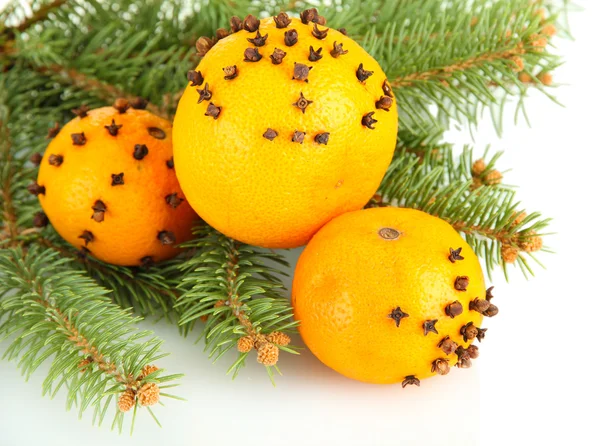 Composición navideña con naranjas y abeto, aislado en blanco — Foto de Stock