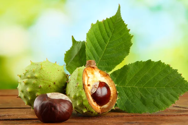 Chestnuts with leaves on wooden table on green background — Stock Photo, Image