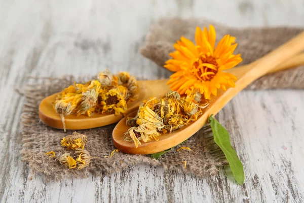 Flores de caléndula frescas y secas sobre fondo de madera —  Fotos de Stock