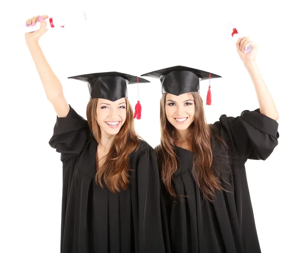 两个快乐即将毕业的学生在白色隔离 — 图库照片