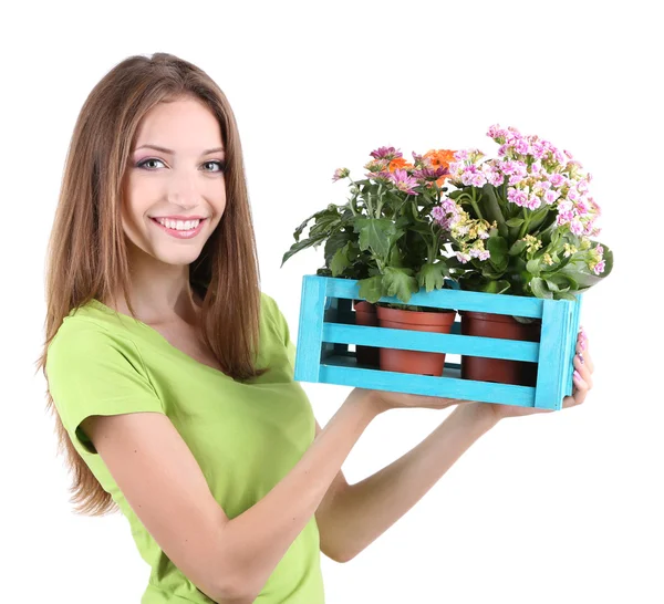 Schönes Mädchen mit Blume im Topf isoliert auf weiß — Stockfoto