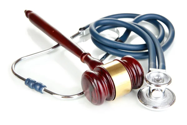 Medizinrechtliches Konzept. Gabel und Stethoskop isoliert auf weiß — Stockfoto