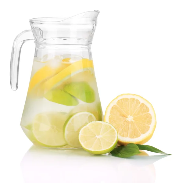 Cold water with lime, lemon and ice in pitcher isolated on white — Stock Photo, Image