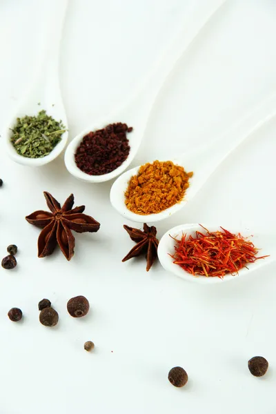 Assortment of spices in white spoons, isolated on white — Stock Photo, Image