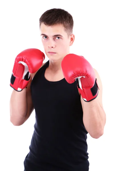 Schöner junger muskulöser Boxer isoliert auf weiß — Stockfoto