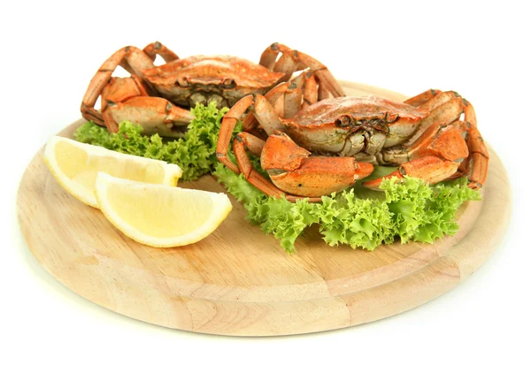 Gekookte krabben op houten bord, geïsoleerd op wit — Stockfoto
