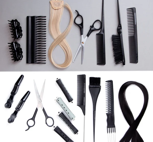 Professionelle Friseur-Tools auf weißem und grauem Hintergrund — Stockfoto