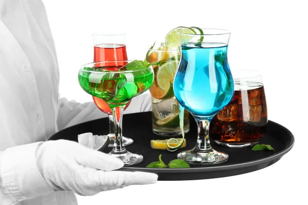 Bedrijf dienblad met cocktails, geïsoleerd op wit glazen serveersters — Stockfoto