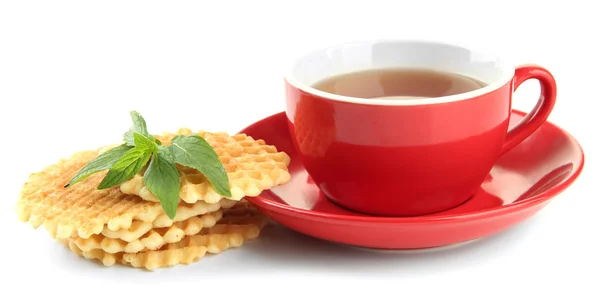 Cup of tea with cookies isolated on white — Stock Photo, Image