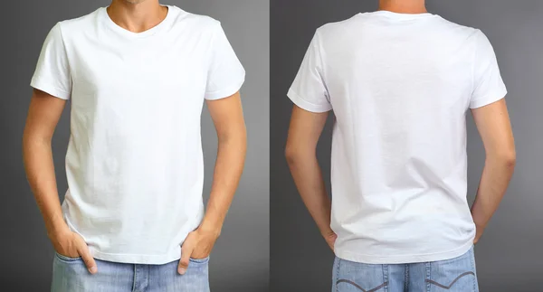 T-shirt su giovane uomo davanti e dietro su sfondo grigio — Foto Stock