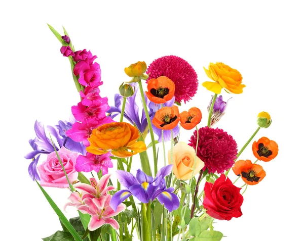 Belo buquê de flores diferentes isoladas em branco — Fotografia de Stock