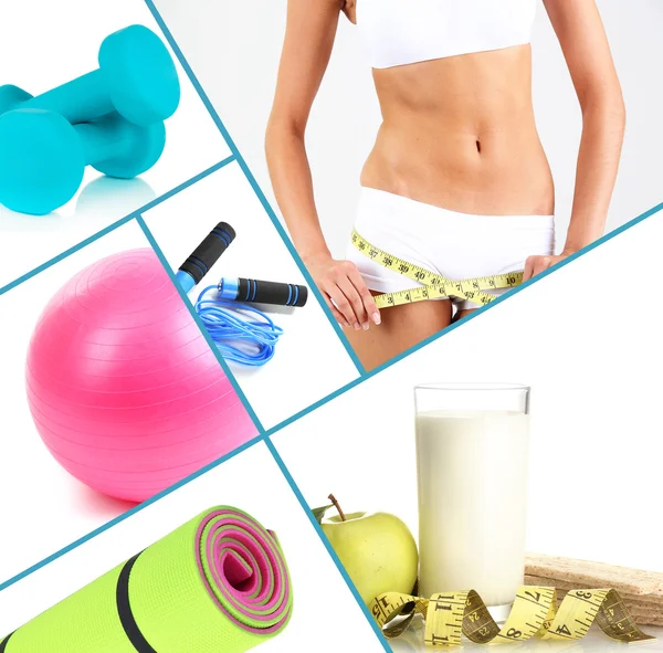 Collage om sport, bantning och sunda matvanor — Stockfoto