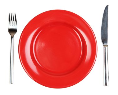 bıçak, renkli plaka ve üzerinde beyaz izole çatal