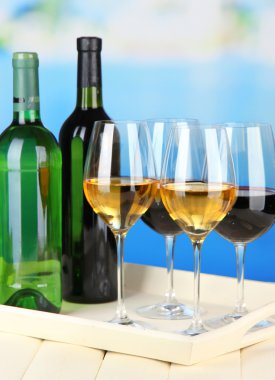 şarap şişe ve kadeh şarap parlak zemin üzerine tepsi