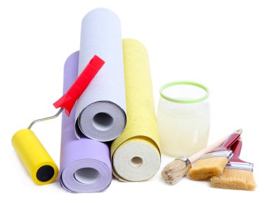 duvar kağıdı ve tutkal duvar kağıdı, üzerinde beyaz izole'den aksesuarlar