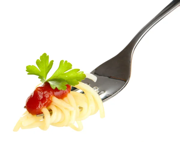 Delicious spaghetti on fork close-up on white background — Stock Photo, Image