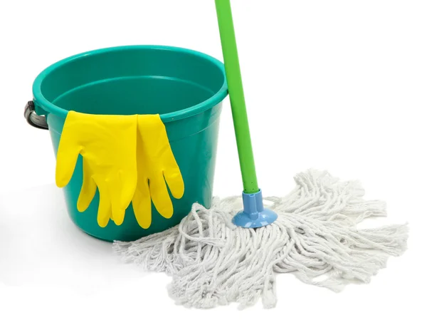 Mop, plastic bucket and rubber gloves, isolated on white — Stock Photo, Image