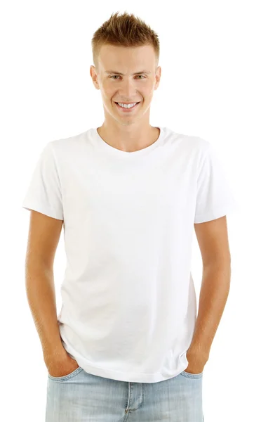 T-shirt op jonge man geïsoleerd op wit — Stockfoto