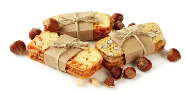 Biscotti with nuts and candied fruits, isolated on white — Stock Photo, Image