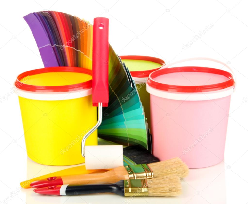 Set for painting paint pots, brushes, paintroller, palette of colors