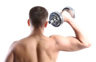 yakışıklı genç kaslı sporcu yürütmek ile üzerine beyaz izole halter egzersiz