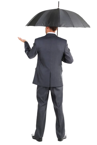 Businessman with umbrella, isolated on white — Stock Photo, Image