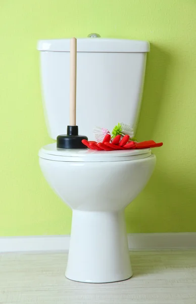 White toilet bowl and cleaner things in a bathroom — Stock Photo, Image