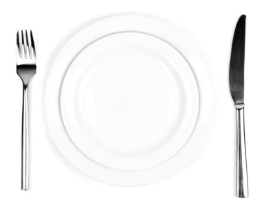 bıçak, renkli plaka ve üzerinde beyaz izole çatal