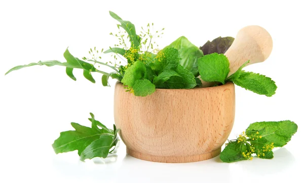 Fresh herbs in mortar, isolated on white — Stock Photo, Image