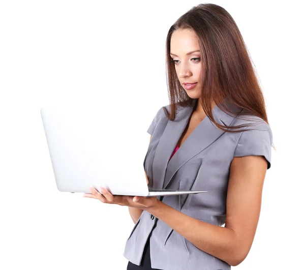 Joven mujer de negocios hermosa con el ordenador portátil aislado en blanco — Foto de Stock