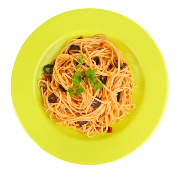 Esparguete italiano em placa isolada em branco — Fotografia de Stock