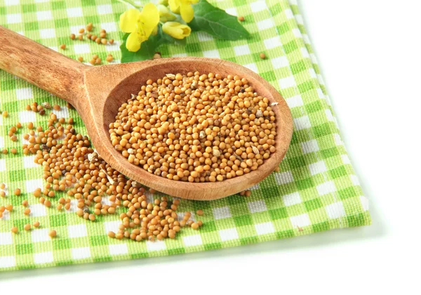 Mustard seeds in wooden spoon with mustard flower isolated on white — Stock Photo, Image