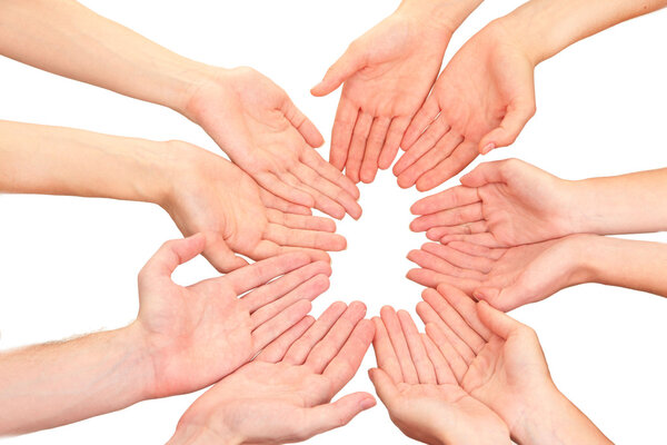 Ring of hands. Conceptual photo of teamwork, isolated on white