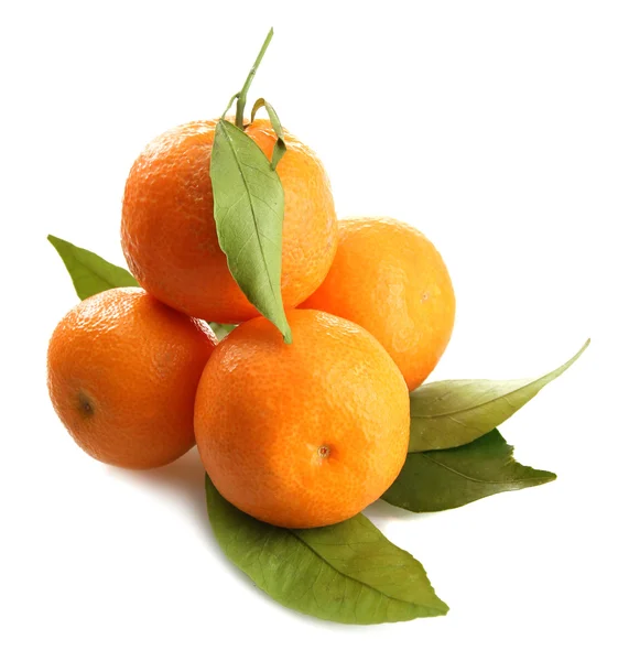 Ripe sweet tangerines with leaves, isolated on white — Stock Photo, Image