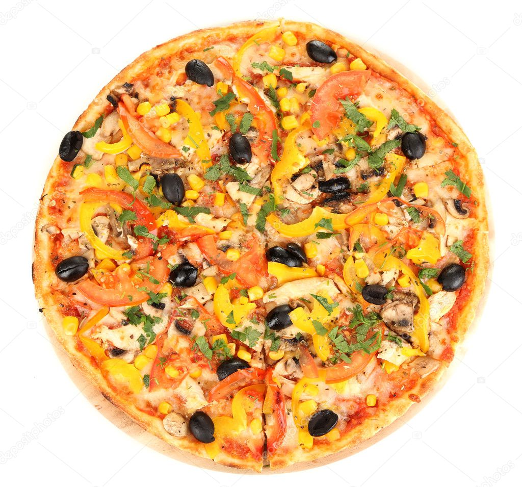 Tasty pizza with vegetables, chicken and olives isolated on white