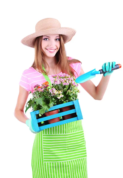 Jardineiro menina bonita com flores isoladas em branco — Fotografia de Stock