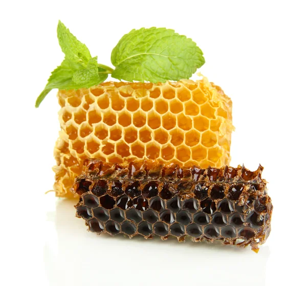 Doces favos de mel com hortelã isolada em branco — Fotografia de Stock