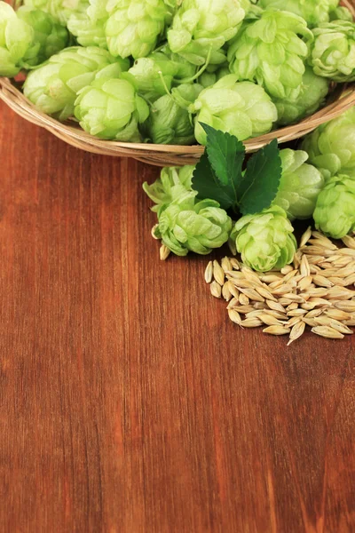Свежий зеленый хмель в плетеной корзине и ячмень, на деревянном фоне — стоковое фото